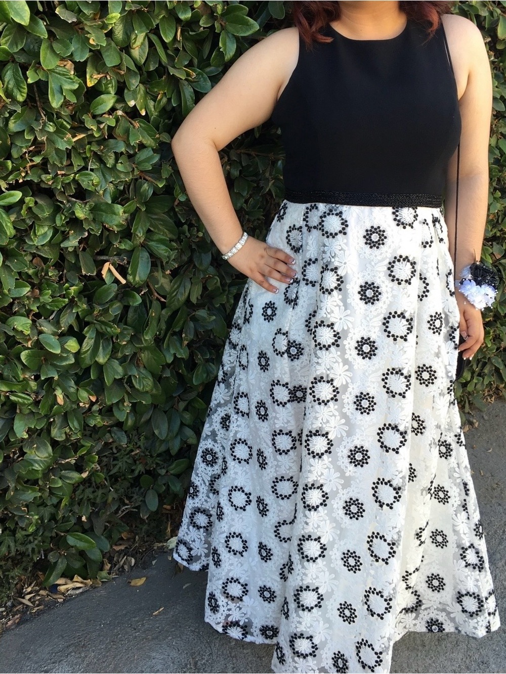 Calvin Klein Black and White Embroidered Floral Lace Dress
